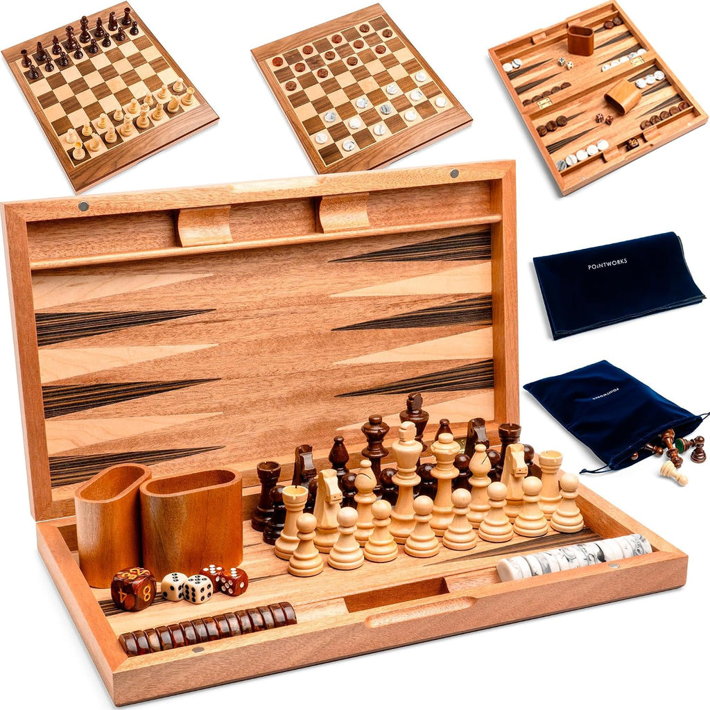 Pointworks Juego de ajedrez, damas y backgammon de 17 pulgadas para adultos, juego de ajedrez de madera combo, tablero plegable portátil de dos lados diseño multi juego, incrustación de nogal y arce