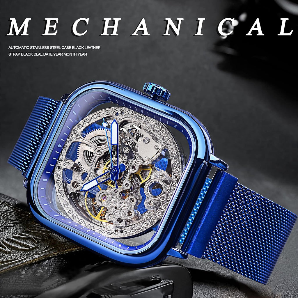 FORSINING Relojes automáticos Reloj de pulsera mecánico dorado para hombre Relojes de esqueleto con esfera transparente de acero inoxidable con movimiento de flor real talla