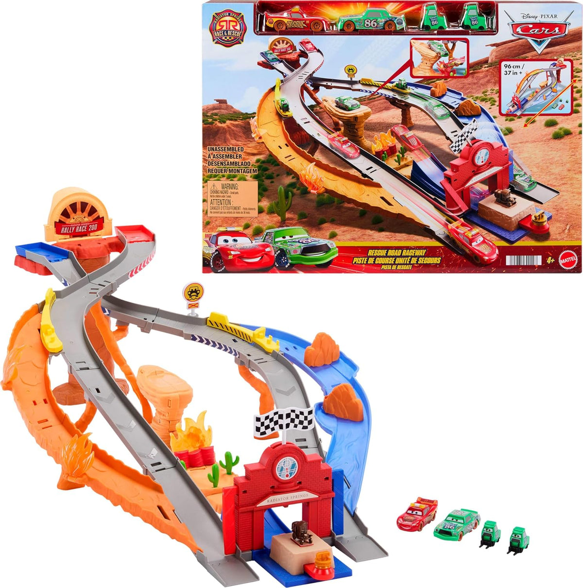 Mattel Disney y Pixar Cars Set de Juguetes, Rayo McQueen y Chick Hicks y 2 Vehículos del Equipo de Pobretones, 2 Maneras de Carrera, Pista de Carrera y Rescate Carretera de Rescate