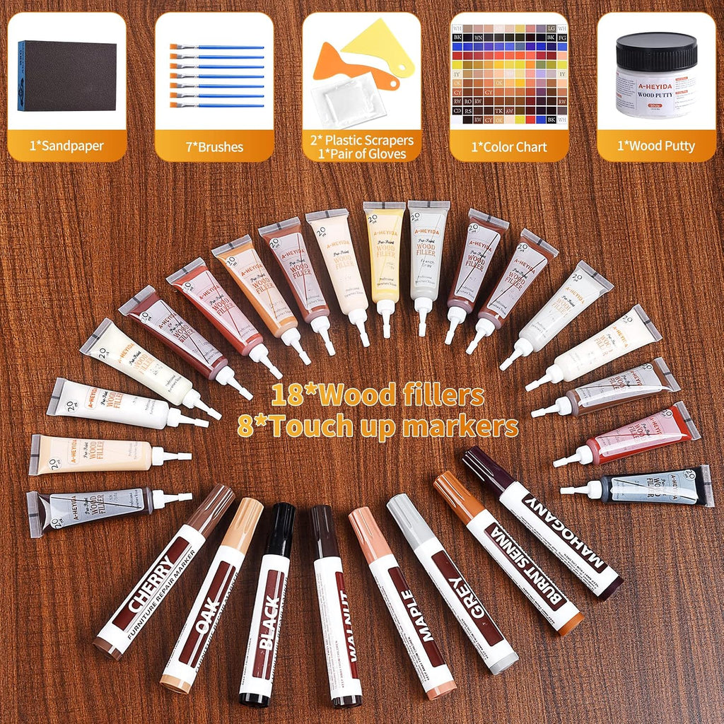 Kit de reparación de muebles de madera, juego de 39, kit de reparación de arañazos para suelo, relleno de madera, kit de reparación de muebles, marcadores de madera para rasguños, manchas agujeros, retoque cualquier madera, madera dura, laminado, puerta