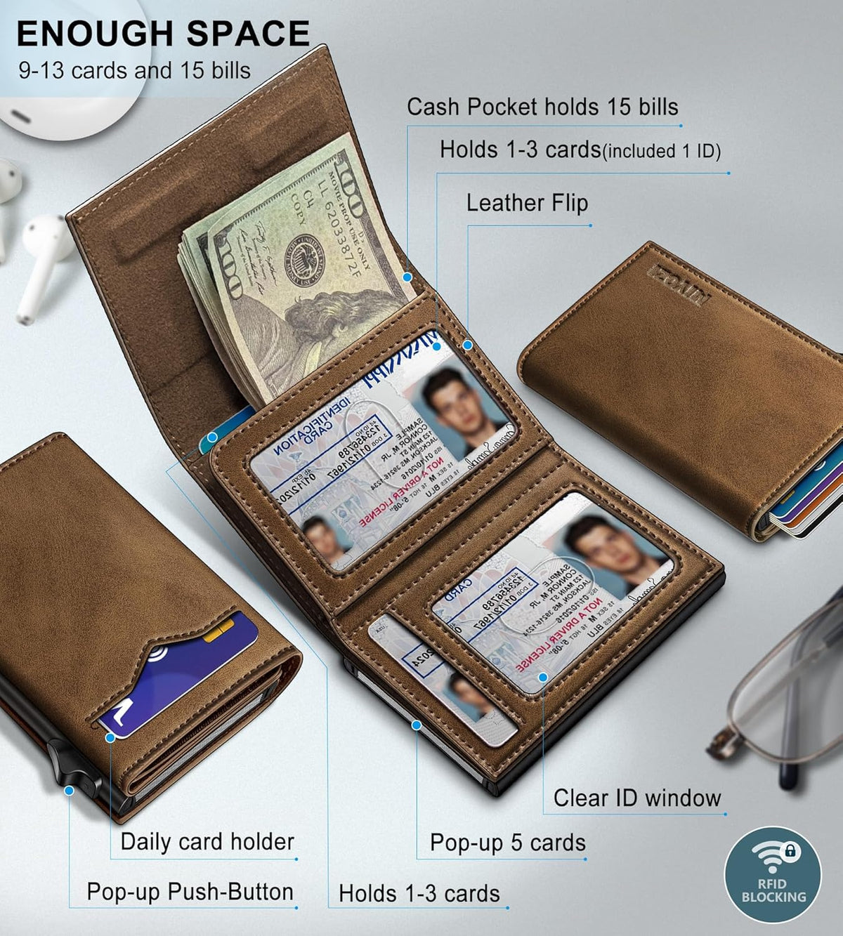 Cartera miyozi para hombre, con bolsillo para billetes, 2 ventanas...