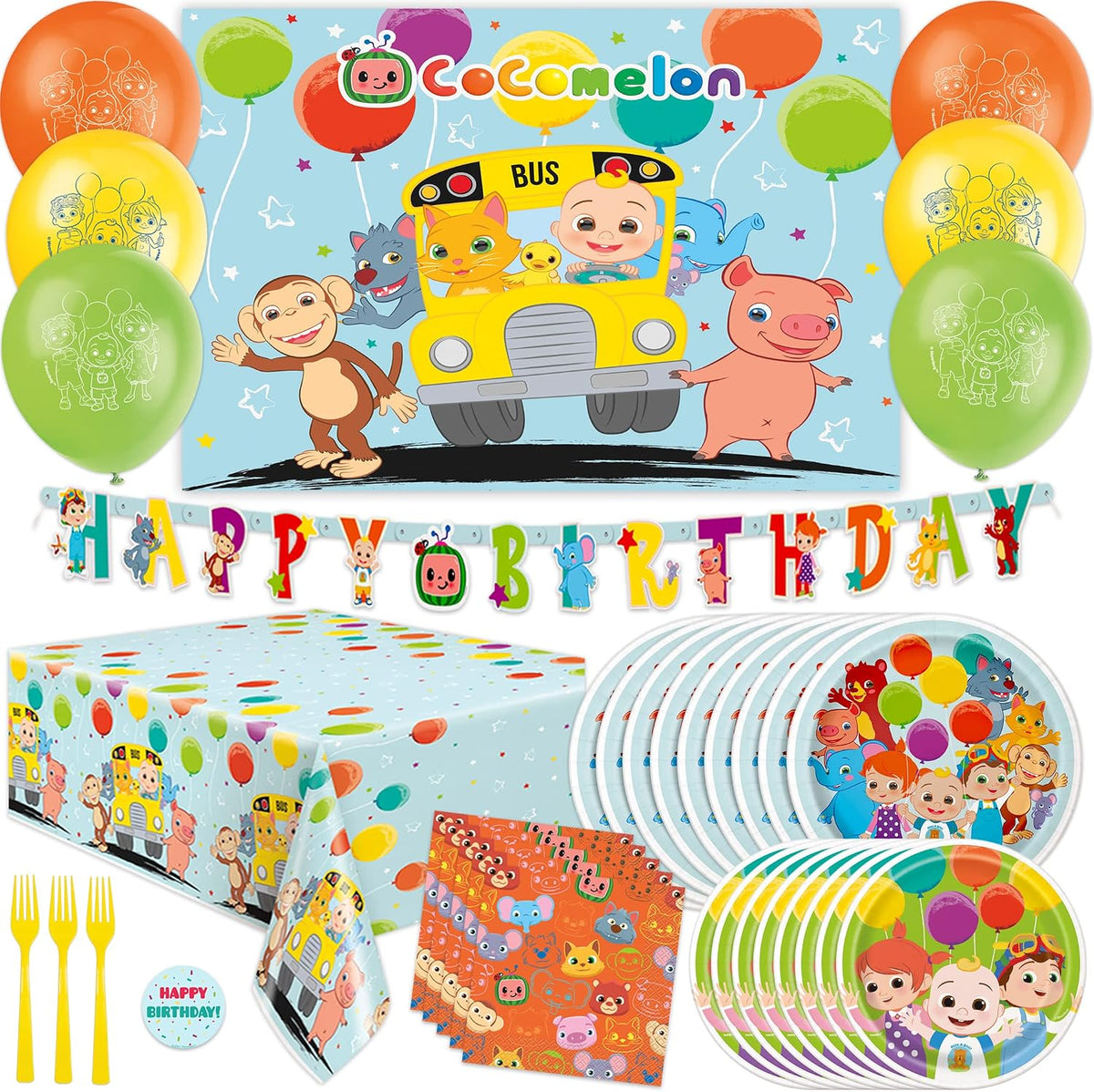 Cocomelon - Decoraciones de cumpleaños, telón de fondo, globos, pancarta