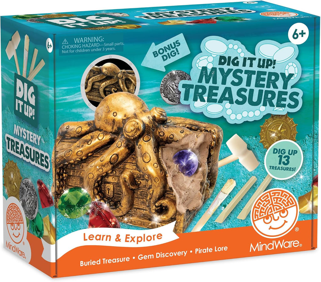 MindWare Dig It Up Discoveries - Cofre del tesoro misterioso pirata para niños, proyecto gigante de descubrimiento para niños - Excava 13 tesoros - Incluye una excavación adicional, 2 cinceles y 1