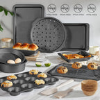 Juego de utensilios para hornear, juego de moldes para hornear, sartén antiadherente para horno para cocina con agarres más anchos, 10 piezas incluyendo rejilla, bandeja para galletas, moldes