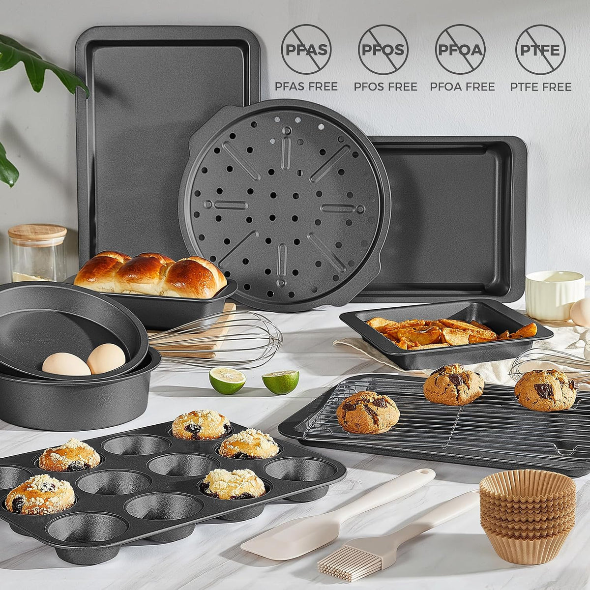 Juego de utensilios para hornear, juego de moldes para hornear, sartén antiadherente para horno para cocina con agarres más anchos, 10 piezas incluyendo rejilla, bandeja para galletas, moldes