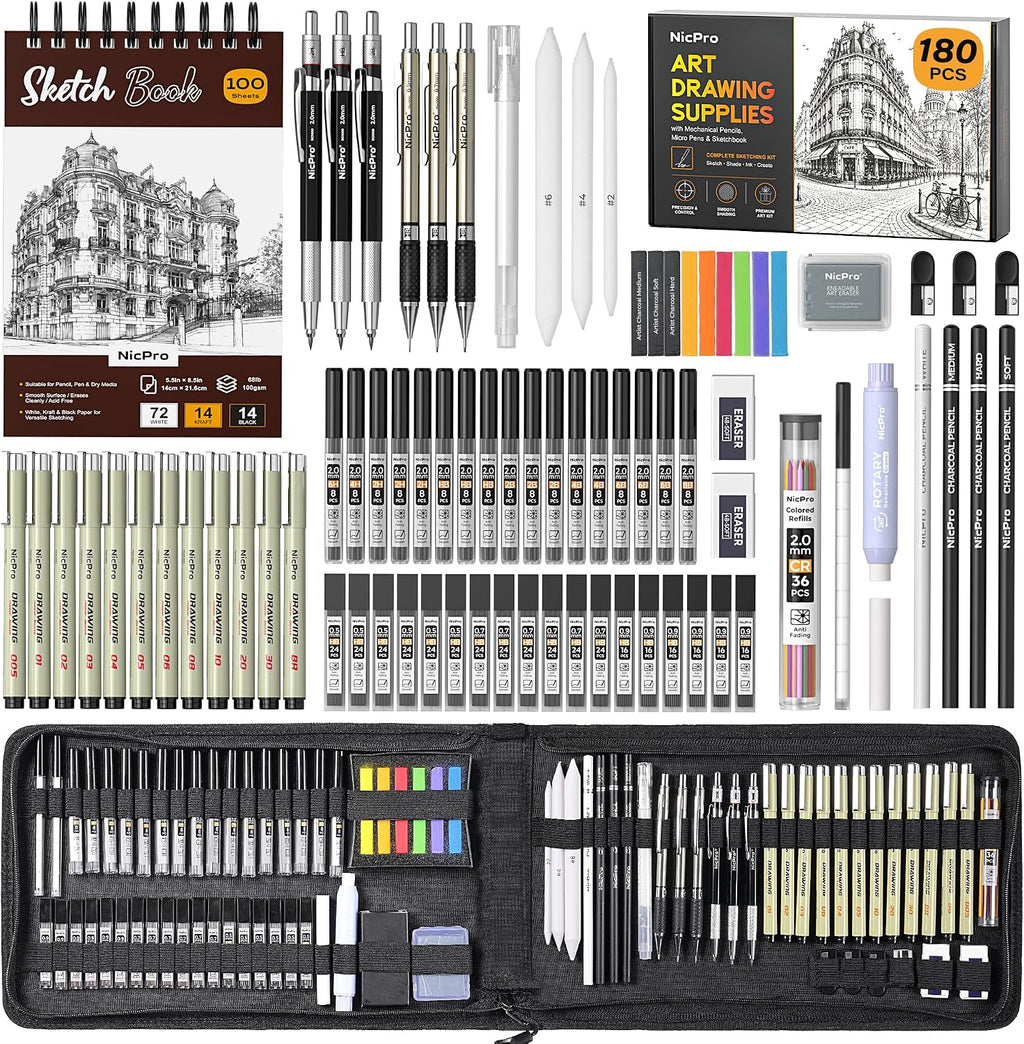 Nicpro Kit de 180 suministros de dibujo artístico, suministros de arte