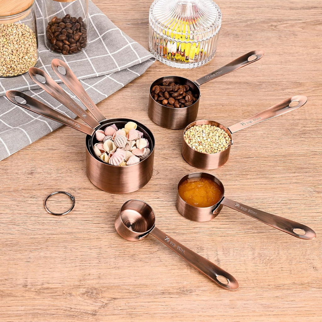 Juego de Tazas y Cucharas Medidoras Smithcraft, Juego de Tazas y Cucharas Medidoras de Cobre para Hornear y Cocina, Taza Medidora y Cuchara de Acero Inoxidable para Seco y Líquido, Juego de 7 Tazas