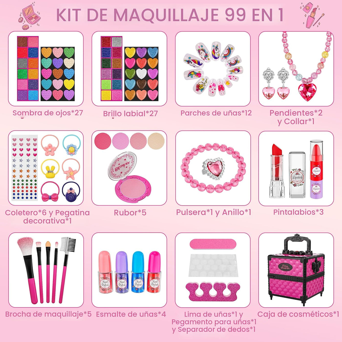 Juego de 99 piezas de maquillaje para niñas, juguetes de princesa,...