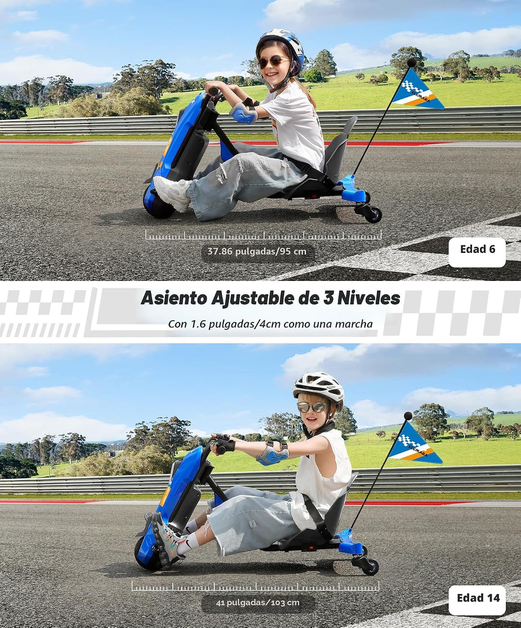 Drift Kart con Velocidad Infinita sin Escalas, Go Karts de 12V para Derrape para Niños con Asiento Ajustable, Go Kart para Niños de 5 MPH con Música, Bluetooth, Luz, Pancarta, para Niños de 6-14 Años, Azul