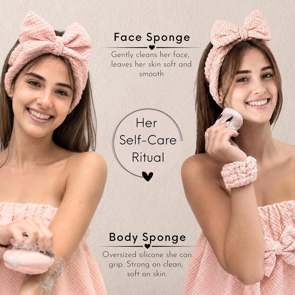 Juego de regalo de ducha eléctrica para adolescentes y universitarias, regalo de cumpleaños, cuidado personal, accesorios de baño esenciales universitarios con toallas, diadema, pulseras y esponja facial (fresco en rosa)