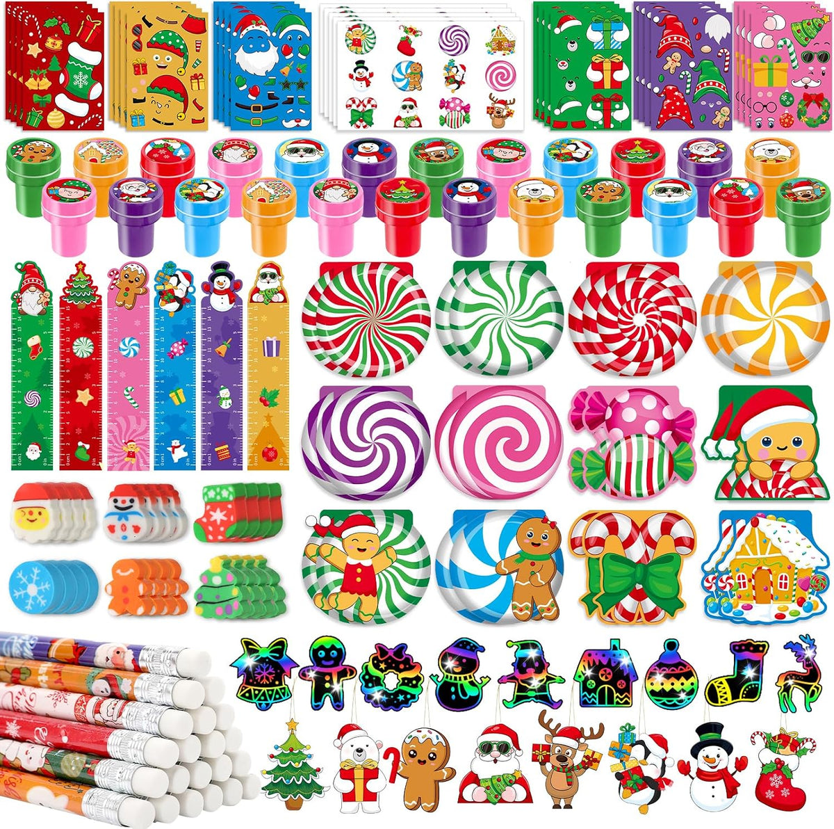 BenLouis Juego de Papelería Navideña para Escuela, Recuerdos de Fiesta de Navidad, Regalo de Aula, Premios a Granel para Estudiantes y Niños, Rellenos para Medias Navideñas, Rellenos de Piñata, Bolsas