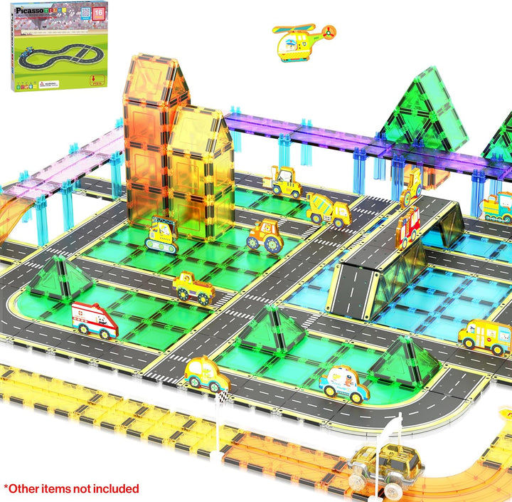 PicassoTiles Azulejos Magnéticos de Construcción Pista de Autos Veh...