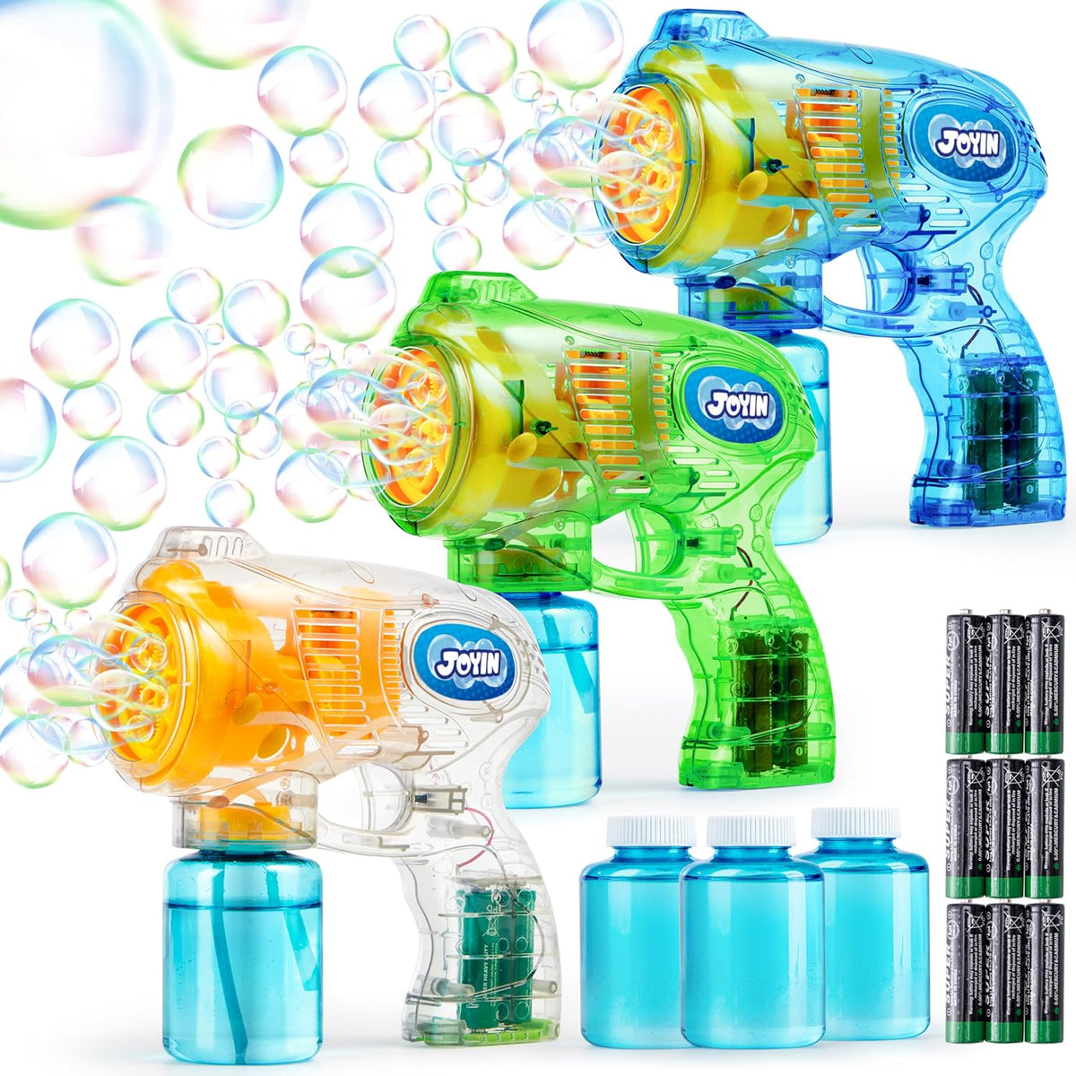 JOYIN 3 paquetes de pistolas de burbujas con 3 soluciones, máquina sopladora automática de burbujas para niños, recuerdos de fiesta, juguete de verano, cumpleaños, actividades al aire libre e interior