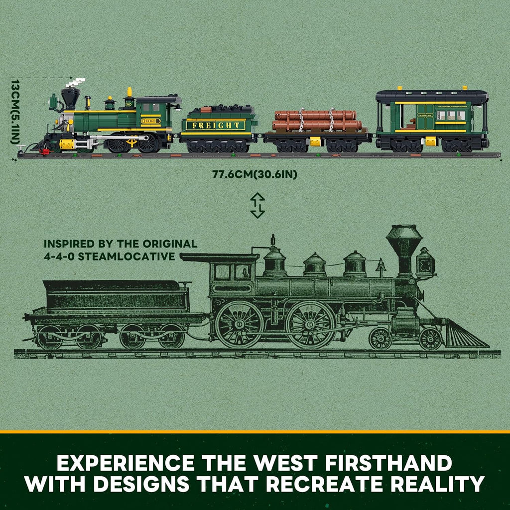 Lumibricks Wild West - Juego de ladrillos de construcción de tren de carga - Locomotora clásica 4-4-0 modelo 1524 piezas kit de ideas para adultos y adolescentes