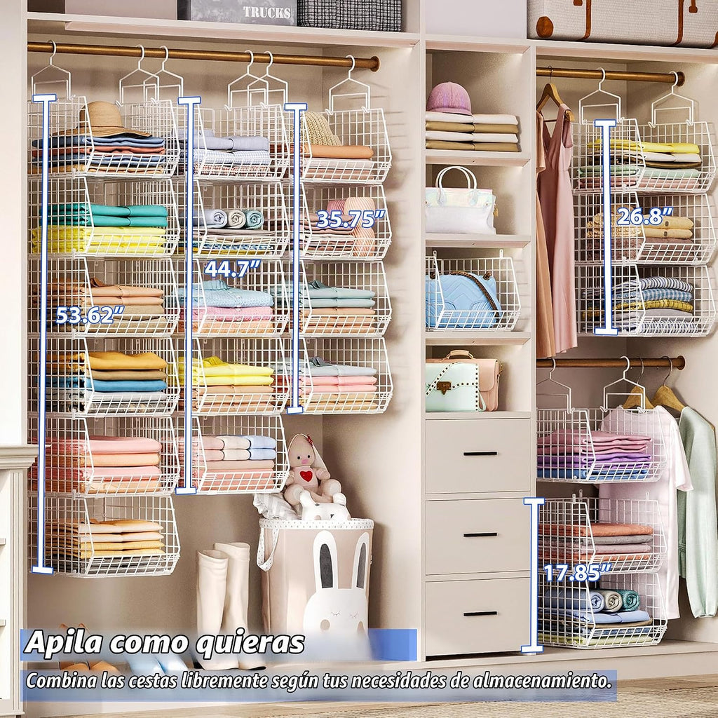 Organizador de armario colgante de profundidad extendida de 6 niveles, estantes colgantes de almacenamiento con ganchos para colgar ropa, suéteres, toallas, bolsos, cubos de malla metálica apilables