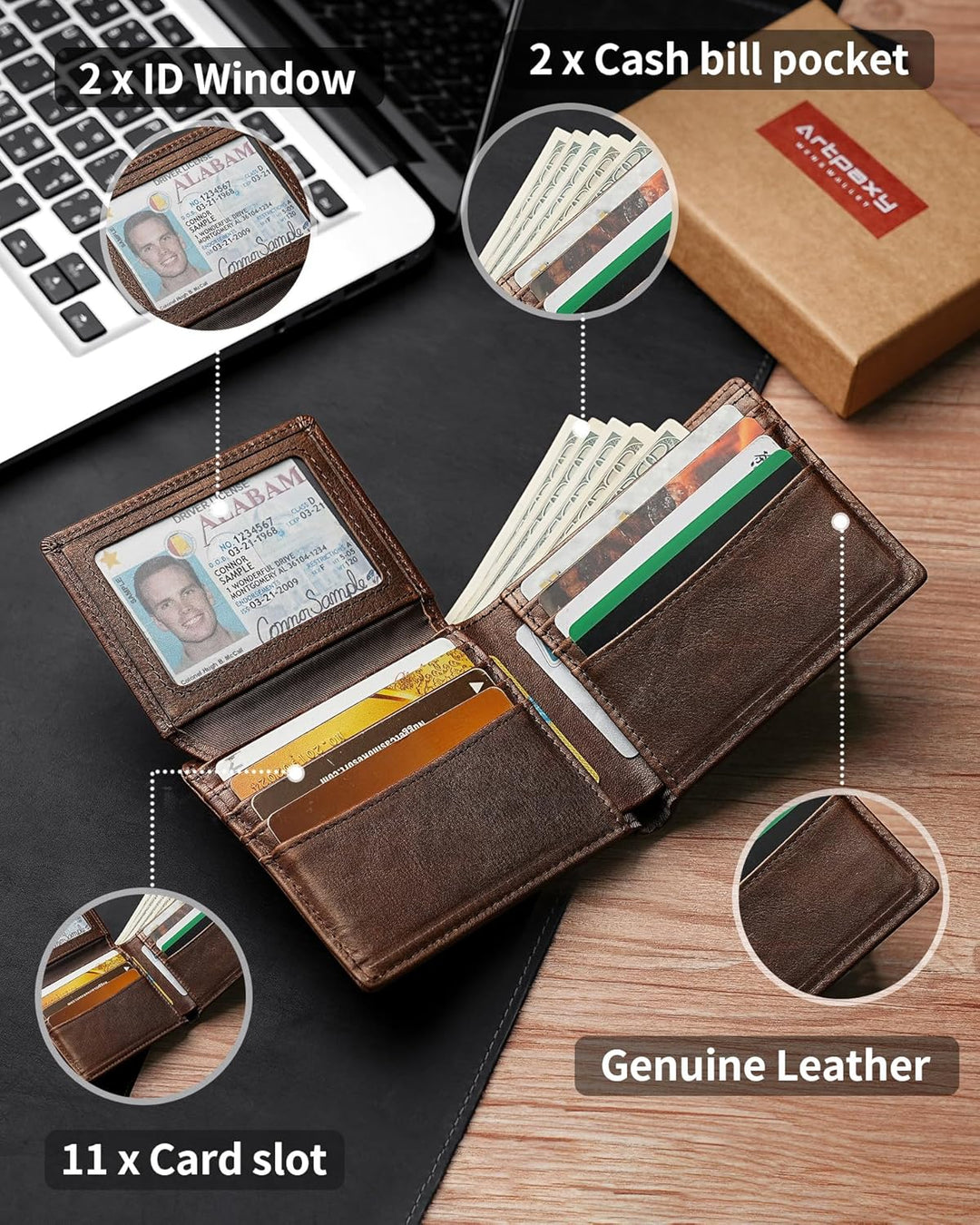 Plinvo Cartera plegable de cuero genuino para hombre con bloqueo RF...