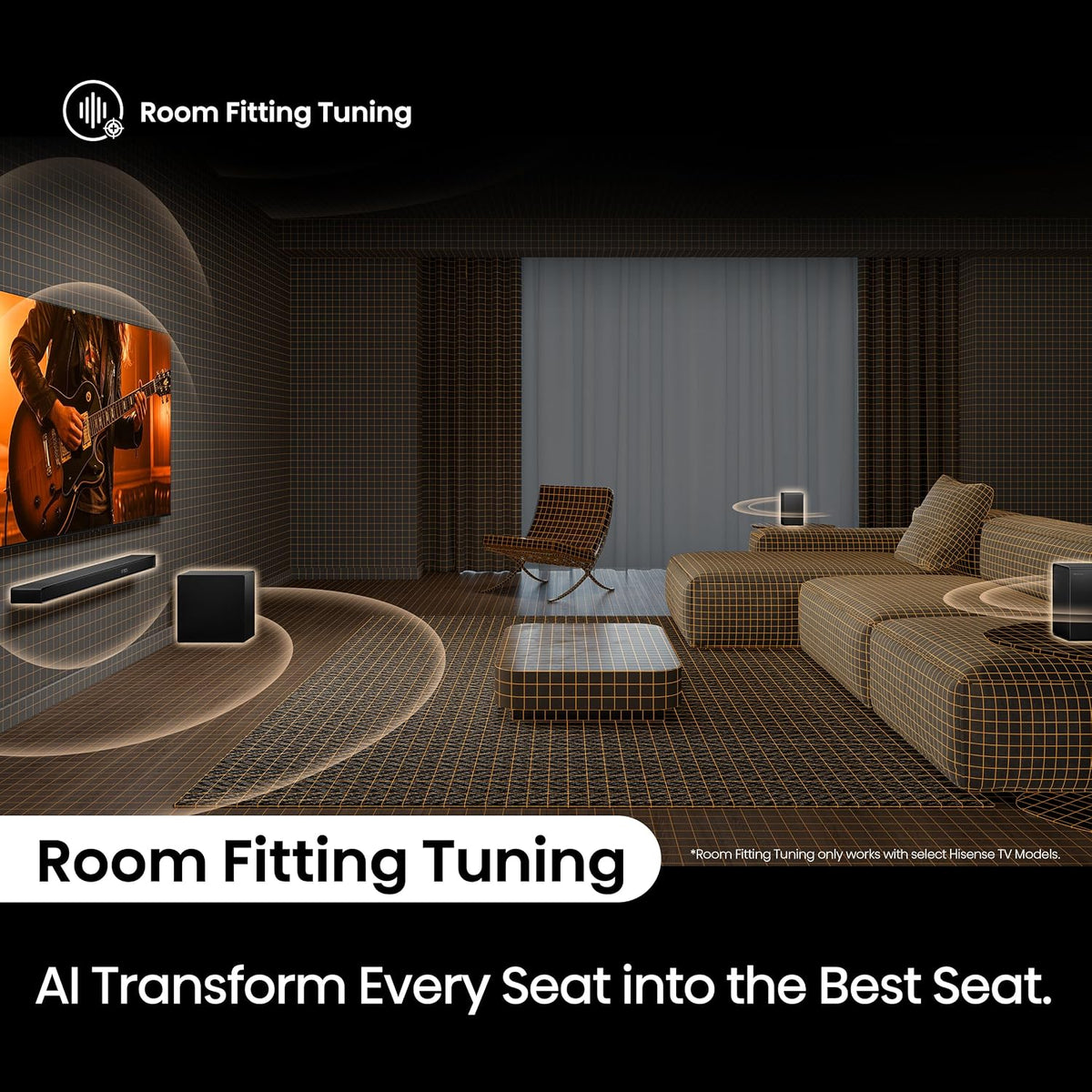 Hisense AX5140Q - Barra de sonido de cine en casa de 5.1.4 canales con subwoofer inalámbrico y altavoces envolventes traseros, altavoces de encendido ascendente, Dolby Atmos, DTS:X, Bluetooth 5.3, HDMI eARC, control de aplicación y control remoto, 7 modos