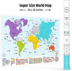 Mapa del mundo colorido con banderas y mayúsculas + 50 datos interesantes – Póster de arte de pared XL para el hogar y el aula – Educativo para niños y adultos