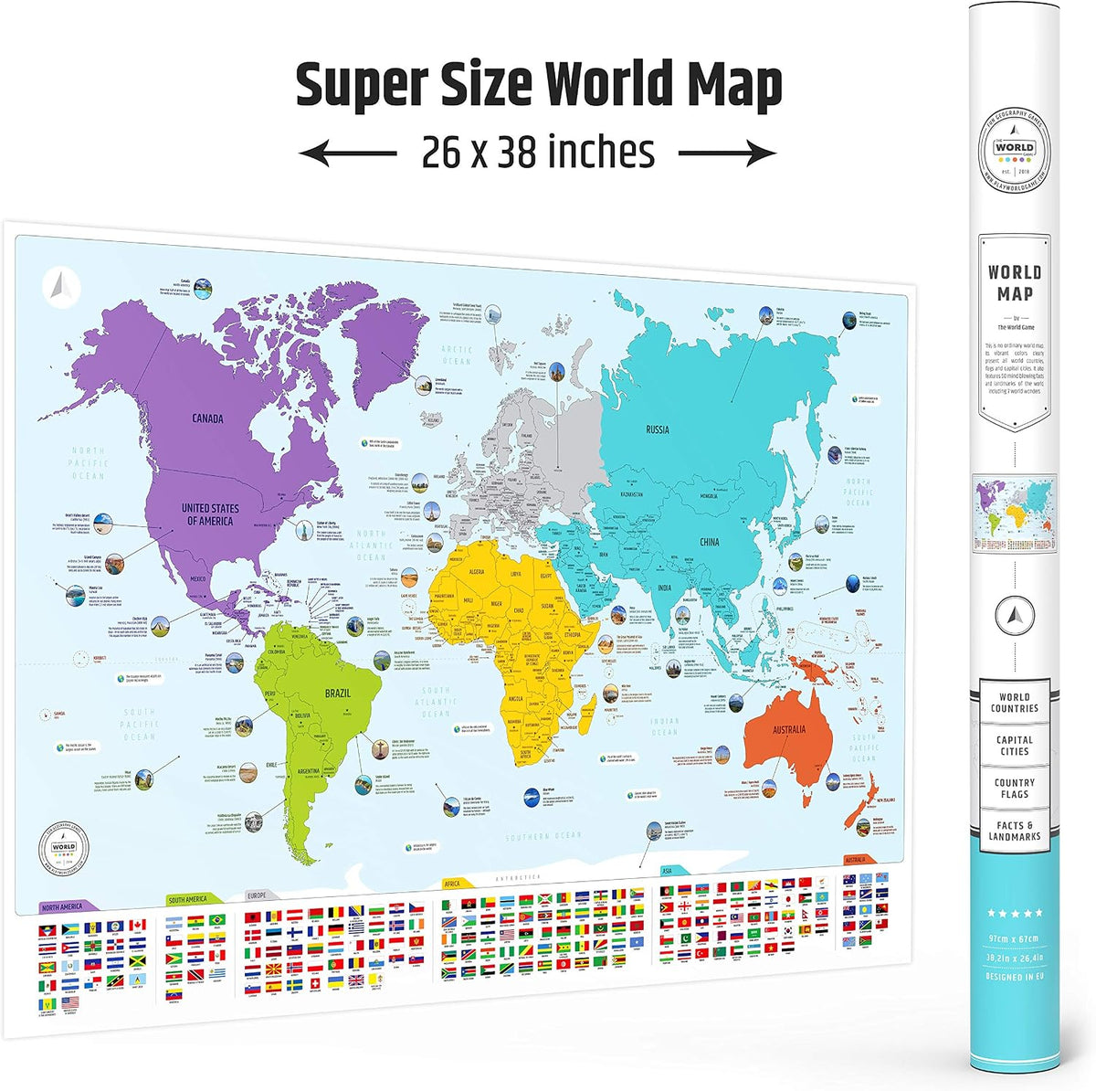 Mapa del mundo colorido con banderas y mayúsculas + 50 datos interesantes – Póster de arte de pared XL para el hogar y el aula – Educativo para niños y adultos