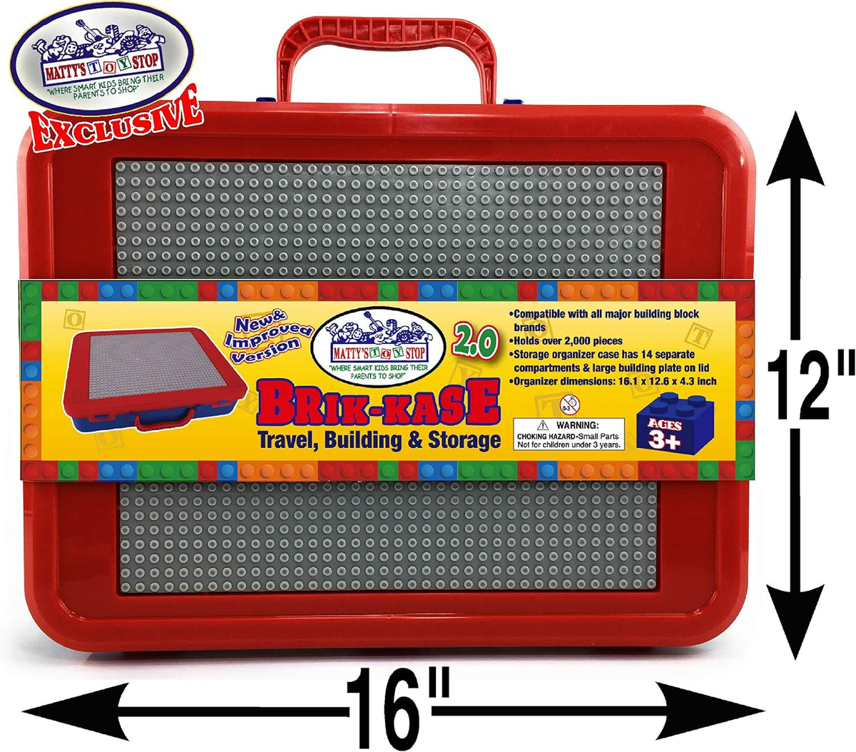 Matty's Toy Stop Brik-Kase 2.0 - Contenedor organizador para viajes, construcción, almacenamiento y tapa para placa de construcción (tiene aproximadamente 2000 unidades), compatible con todas las