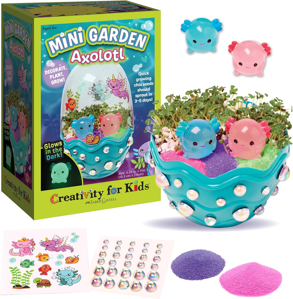 Creativity for Kids Axolotl Craft Bundle - Mini terrario de jardín, acuario brillante y kit de pintura de diamantes con calcomanías y atrapasoles (a partir de 6 años)