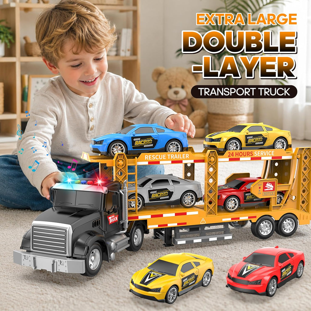 Juguete semi camión con 4 juguetes de coche, camiones de doble capa para