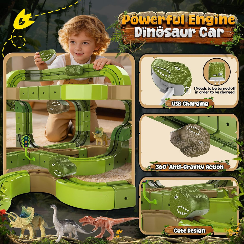 Juego de tren eléctrico de dinosaurio para niños, 90 piezas de
