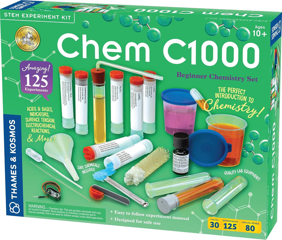 Thames & Kosmos Chem C1000 V2.1 - Juego de química para principiantes | 125 experimentos prácticos para mayores de 10 años, explora reacciones electroquímicas, ácidos, bases y más, ciencia en casa con