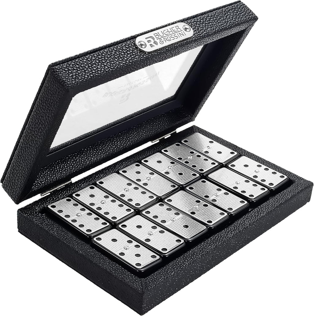 Bucher&Rossini Juego de dominó de superficie de metal doble 6 – Juego de dominó clásico negro con superficie de metal plateado, juego de dominó para adultos y niños, regalo ideal para jugadores de dominó o noche de juegos familiares