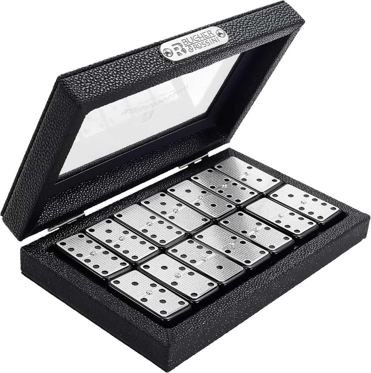 Bucher&Rossini Juego de dominó de superficie de metal doble 6 – Juego de dominó clásico negro con superficie de metal plateado, juego de dominó para adultos y niños, regalo ideal para jugadores de dominó o noche de juegos familiares