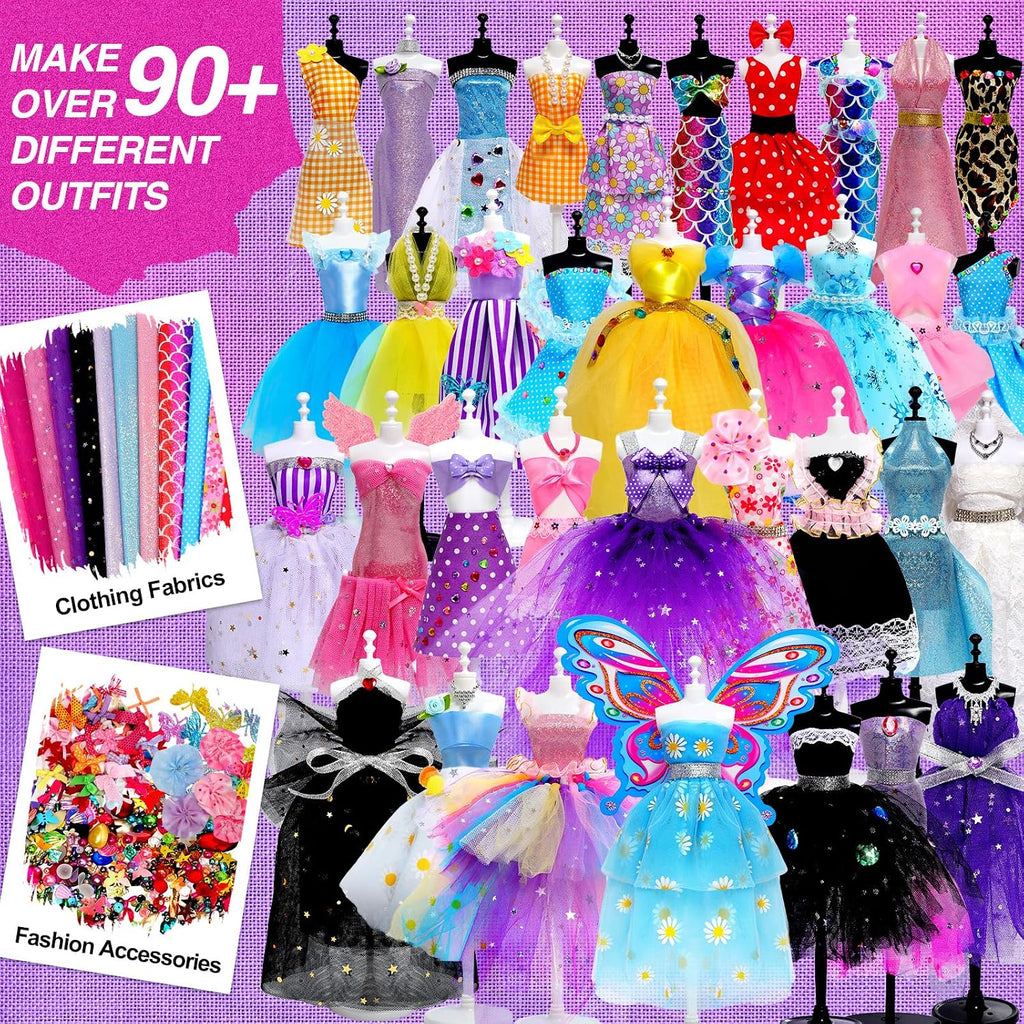 Sunrad Kits de diseñador de moda de 1500+ piezas para niñas con 6 maniquíes, kit de costura DIY para manualidades y artes para hacer ropa de muñeca, juguetes, regalos de cumpleaños para niñas de 6, 7