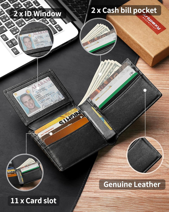 Plinvo Billetera plegable de cuero genuino para hombre con bloqueo...