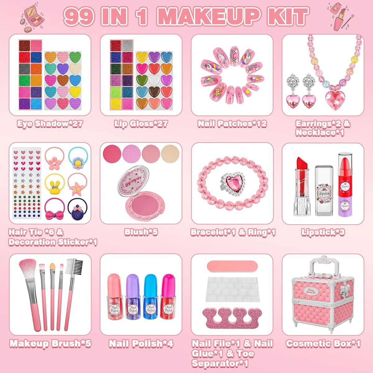 Juego de 99 piezas de maquillaje para niñas, juguetes de princesa,...