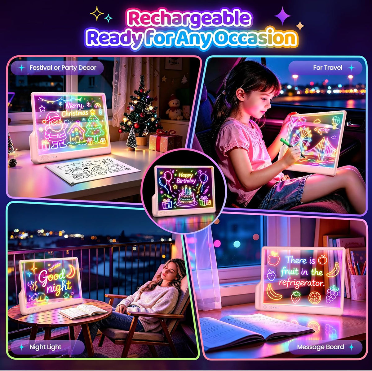 Tablero de dibujo LED recargable A4, 9 modos de luz de color con soporte integrado, bloc de notas de borrado en seco con brillo de arte neón, juguete de regalo para niños, niñas, adolescentes, 7