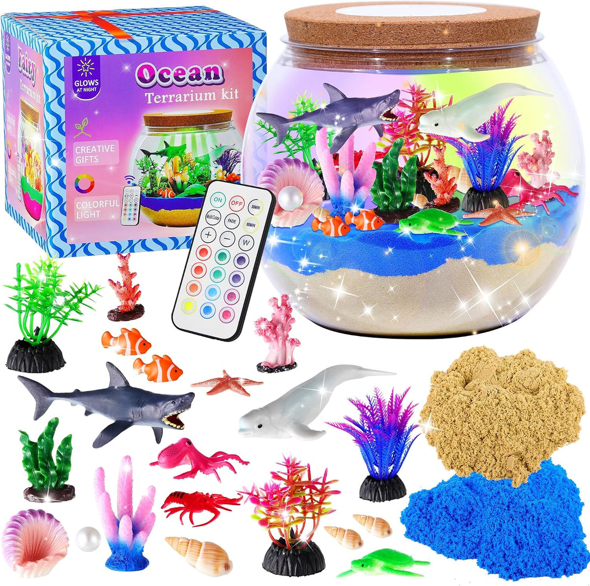 Gifmore Kit de terrario con luz oceánica para niños, juguetes de manualidades de animales marinos de tiburón, regalos de cumpleaños para niños y niñas de 4 a 12 años