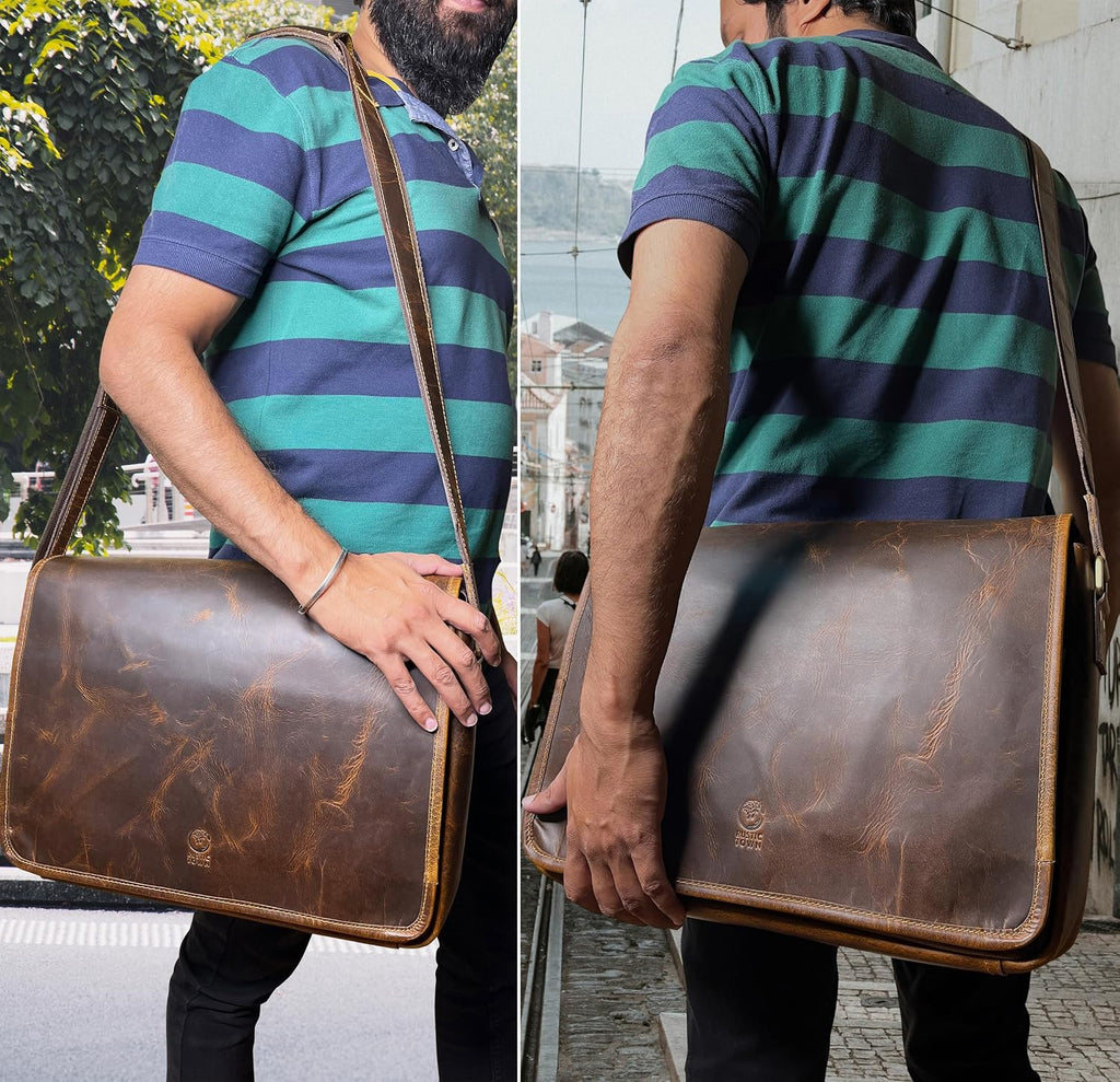 Bolso de mensajero de cuero para hombre, bolso vintage de grano completo