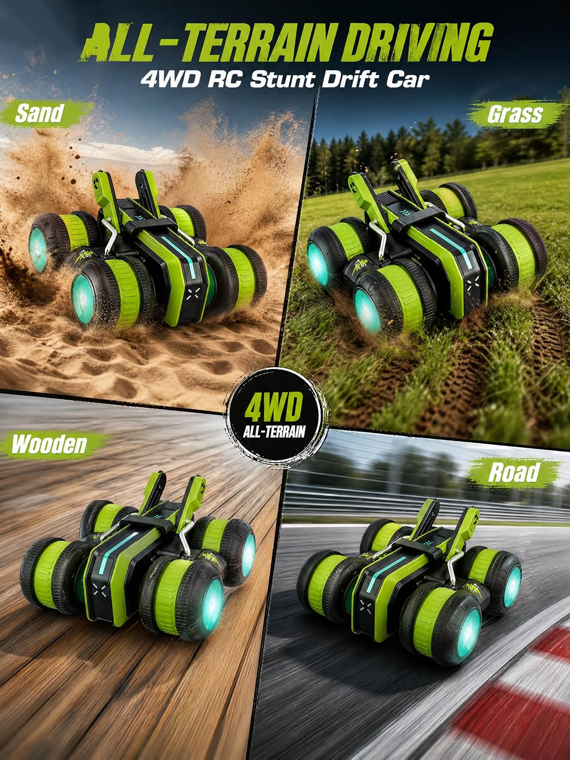 Remote Control Car con LED Lights, Upright & Side Driving RC Car para Kids