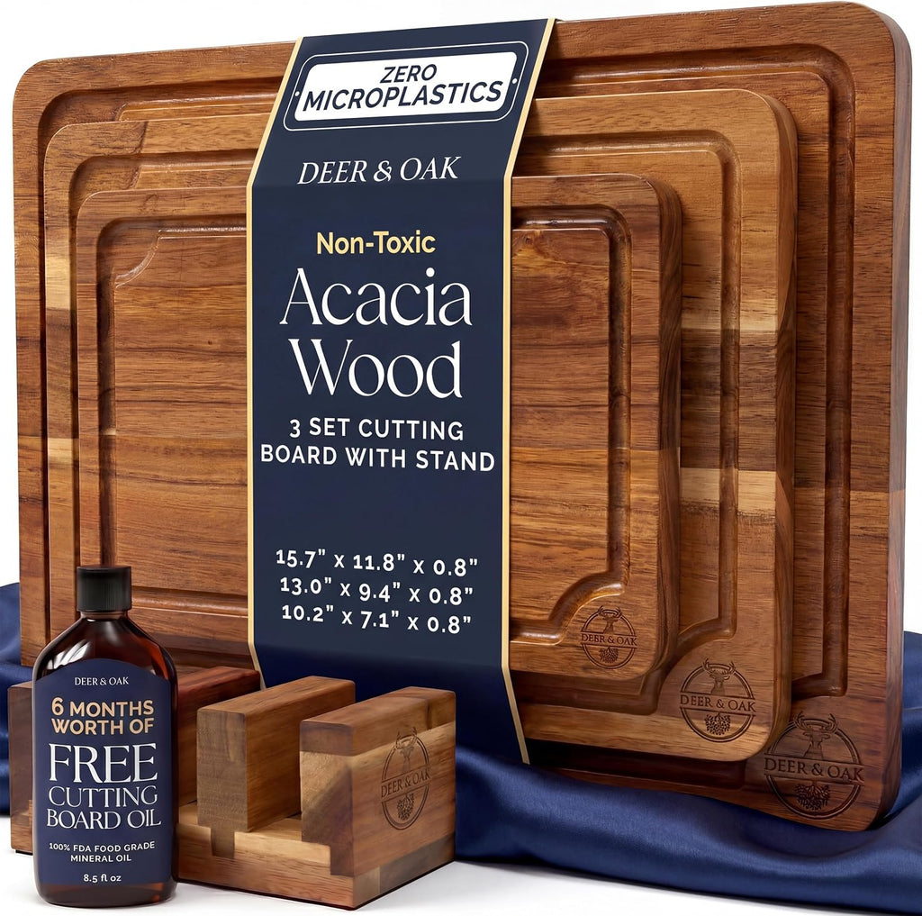 Juego de tablas de cortar de acacia de 3 piezas no tóxicas con soporte