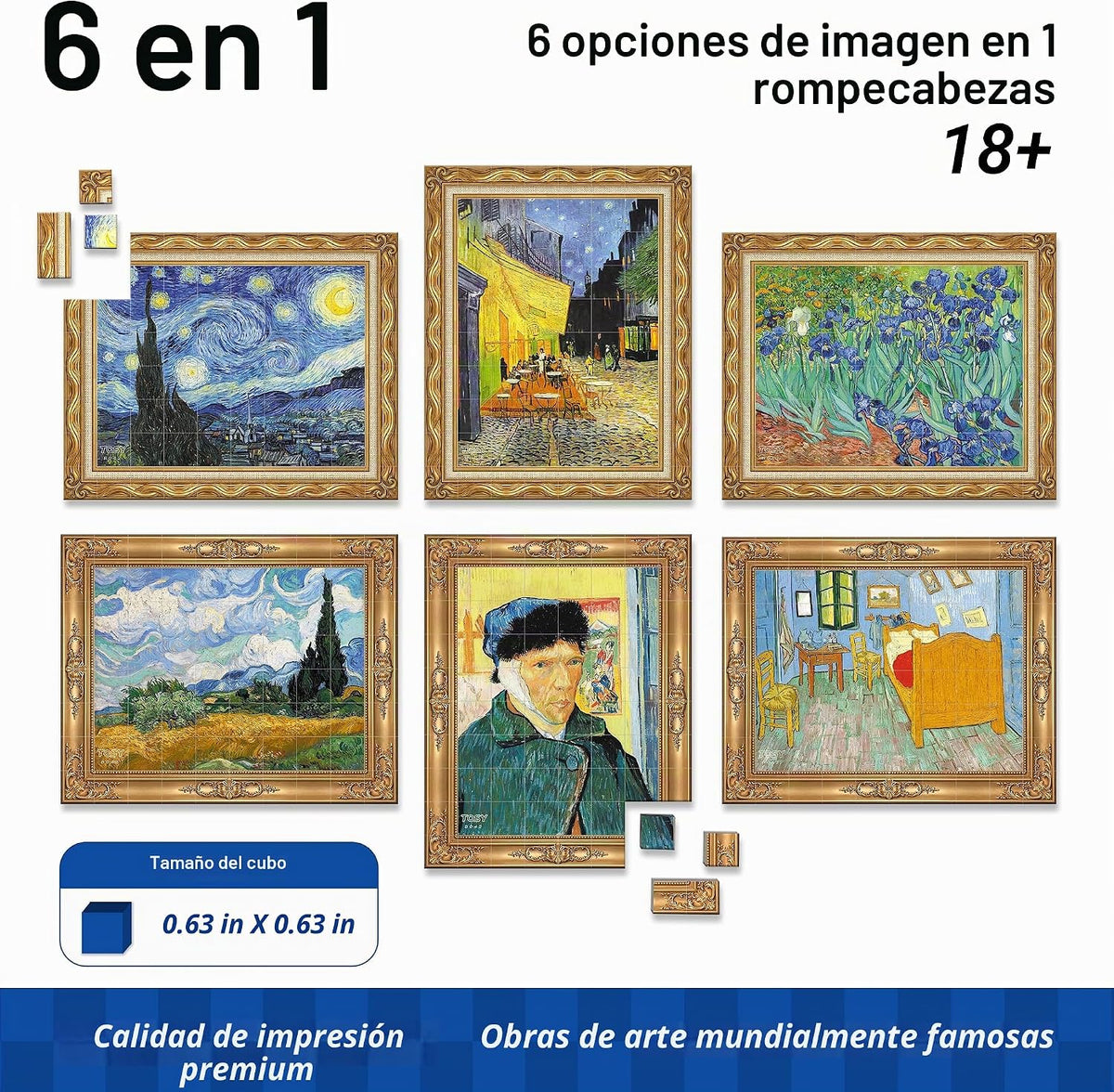 TOSY Cubo de imágenes Van Gogh: rompecabezas magnético 6 en 1, 80 bloques, 480 caras de rompecabezas, 0.6 pulgadas, B042, arte UV sin costuras, marco listo para exhibición, coleccionable, regalo STEM