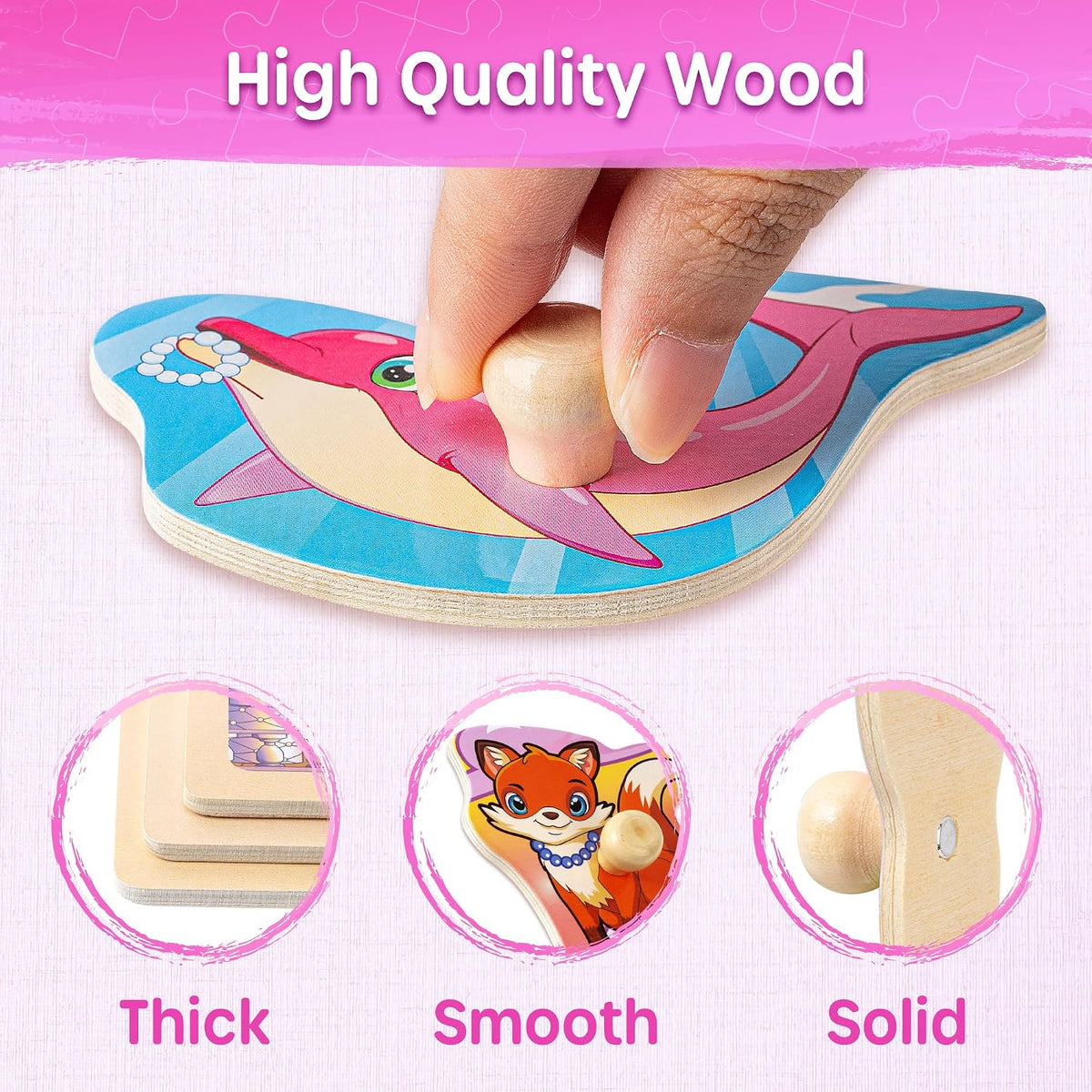 SYNARRY Rompecabezas de madera para niños pequeños de 1 a 3 años, 6 juegos de rompecabezas para niños de 1 a 3 años con estante, aprendiendo con forma de número del alfabeto, unicornio, princesa, sirena, animal, regalos para niñas de 2 a 4 años