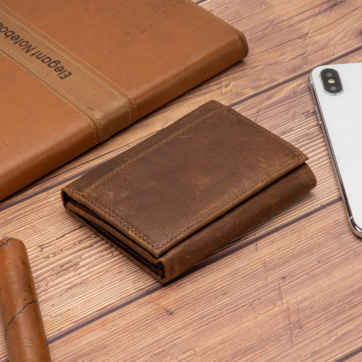 Billetera de cuero para hombre, billetera triple plegable con bloqu...