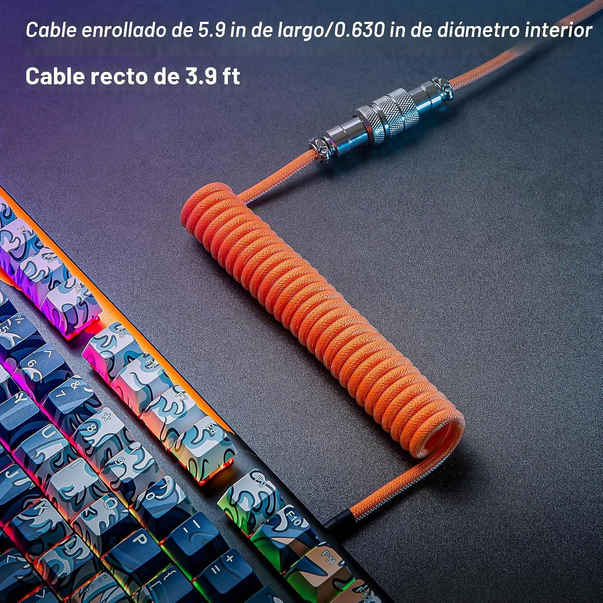 Pro Custom - Cable USB C en espiral para teclado mecánico de videojuegos, cable con doble manga y conector extraíble tipo aviación, 5 pies, USB-C a USB-A, naranja brillante