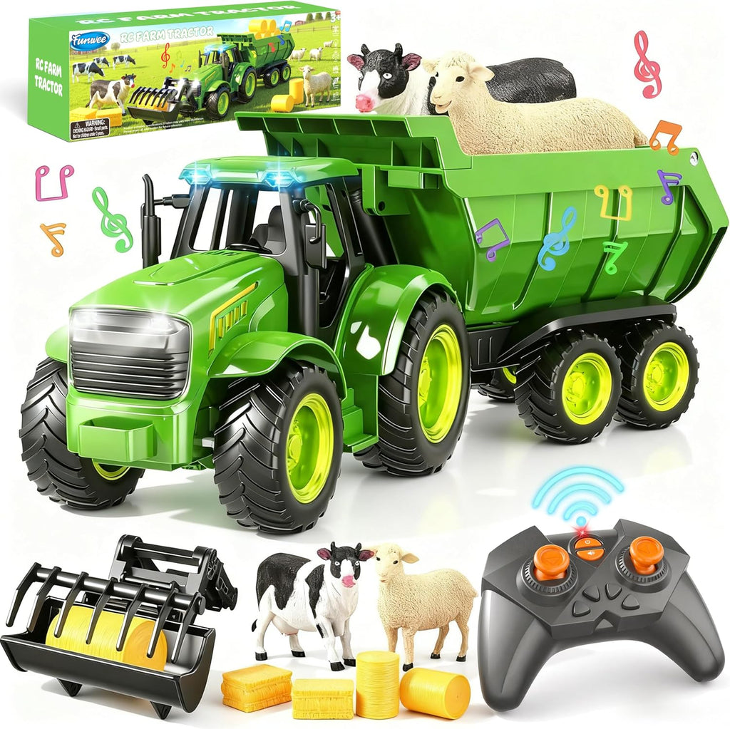 Juego de juguete de tractor de granja RC con cargador, remolque y