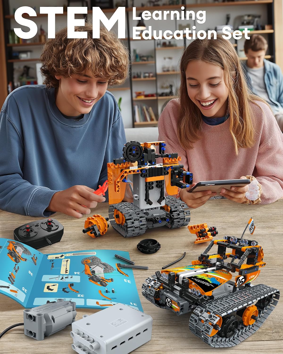 Opmind Kit de Construcción de Control Remoto STEM 5 en 1, Set de Proyectos de Bloques Erector de 392 Piezas, Juguetes para Niños de 8 a 12 Años, Construye un Tanque/Robot/AVT DIY Ciencia Educativa