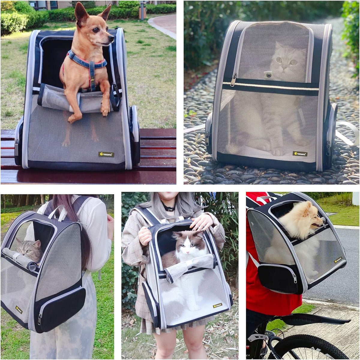 Texsens - Mochila para transporte de mascotas, con un innovador sistema de burbuja, ideal como transportín para gatos y perros (negro)
