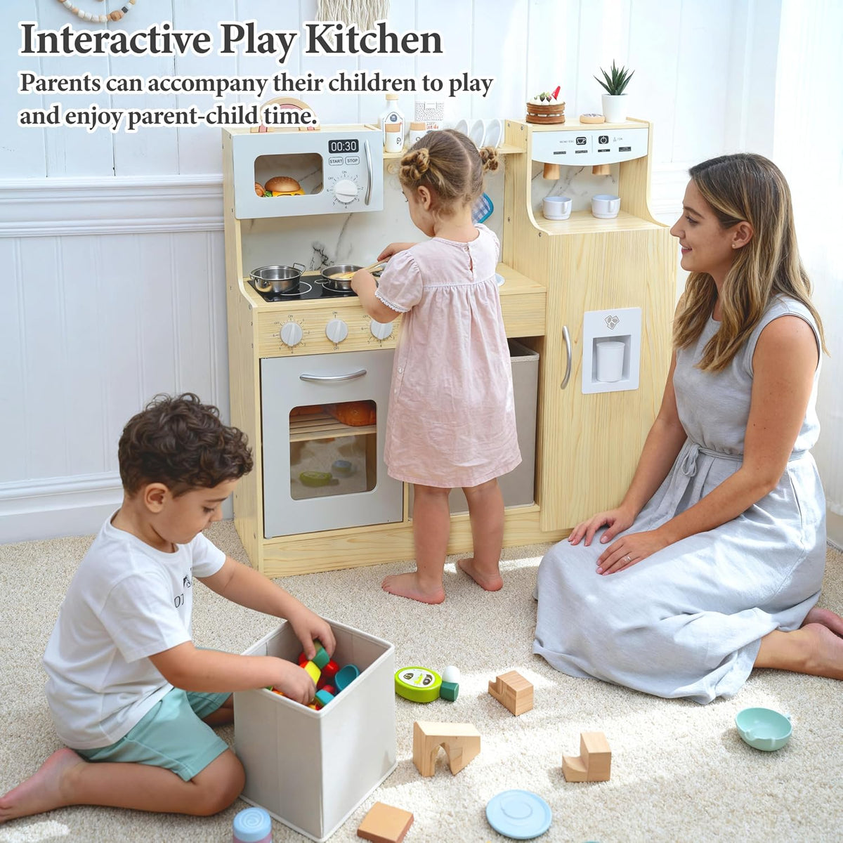 Cocina de madera para niños con caja de almacenamiento y 18