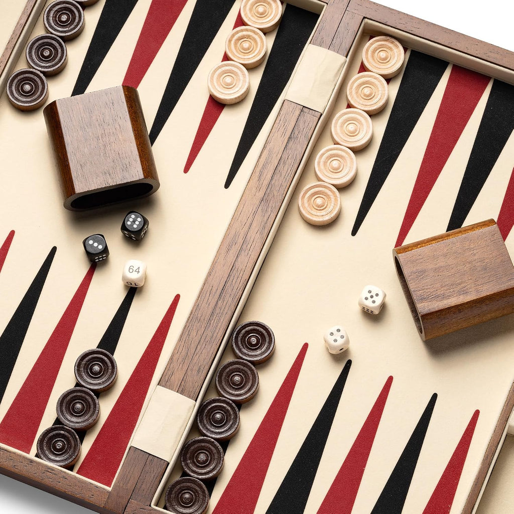 Juegos de backgammon de nogal natural prémium de 14.5 pulgadas para adultos, 30 damas de madera, 2 tazas de dados de nogal y 5 dados de madera, juego clásico de mesa de estrategia para dos