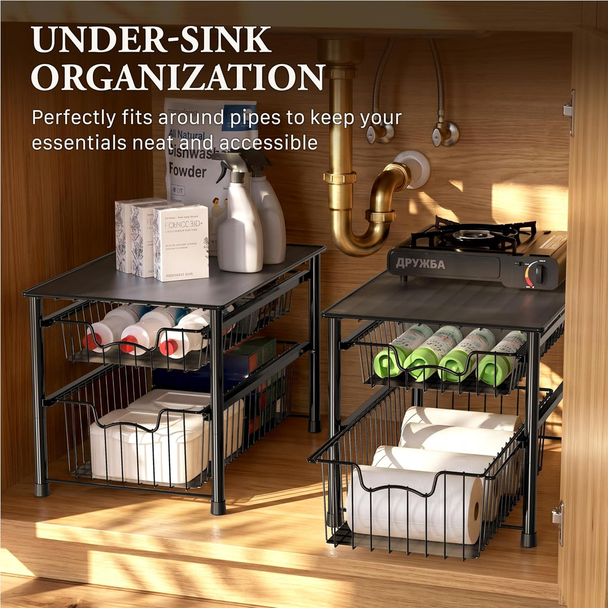 Simple Houseware Cajón organizador apilable de cesta deslizante, negro, 2 niveles