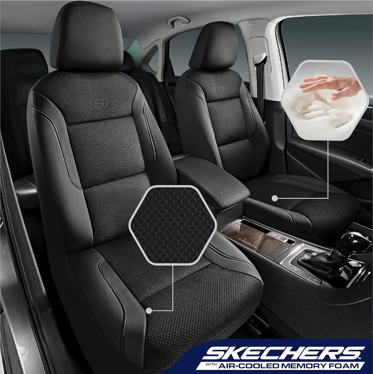 Skechers Fundas de asiento de espuma viscoelástica, fundas de asiento de automóvil gruesas de malla fresca para asiento de automóvil, compatibles con bolsas de aire