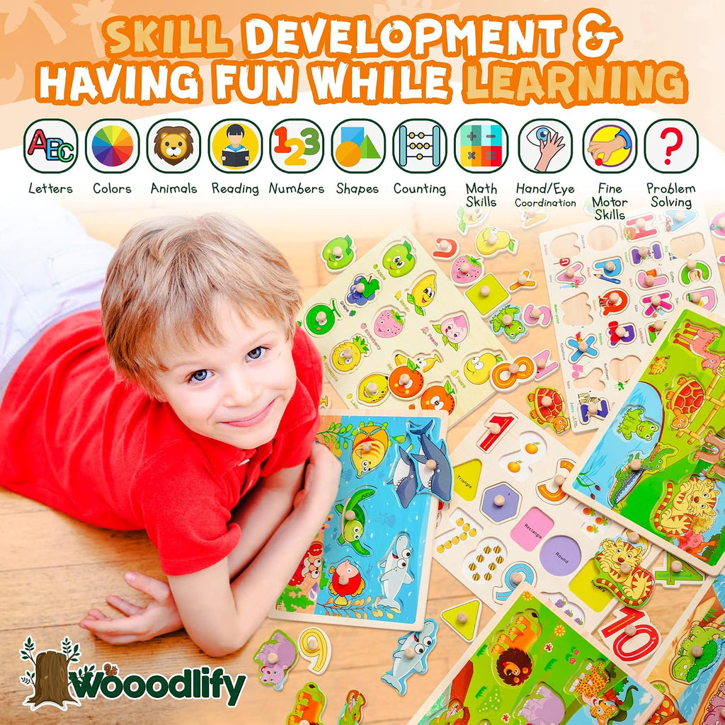 Paquete de 7 rompecabezas de madera para niños de 2, 3, 4, 5 años, 7 coloridos rompecabezas de madera gruesa para niños de 2 a 5 años, números en forma del alfabeto, frutas, animales marinos, dinosaurios, zoológico, juguetes educativos de aprendizaje para